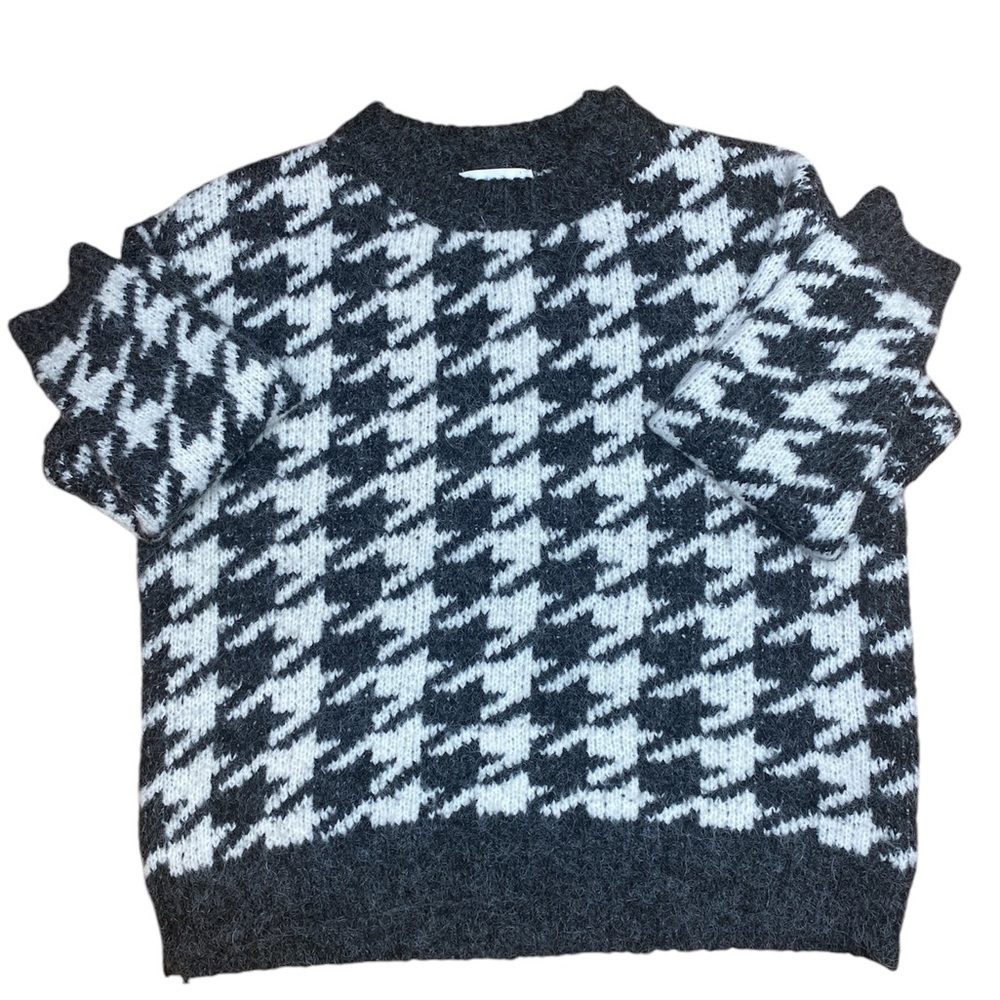 Oak + Fort Grey &White Houndstooth Chunky Wool Blend Crewneck Sweater Size S - Picture 6 of 10